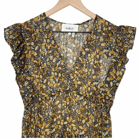 NWT ba&sh Samanta Ruffled Leaf Print Georgette Maxi Dress in Carbone - Picture 8 of 16